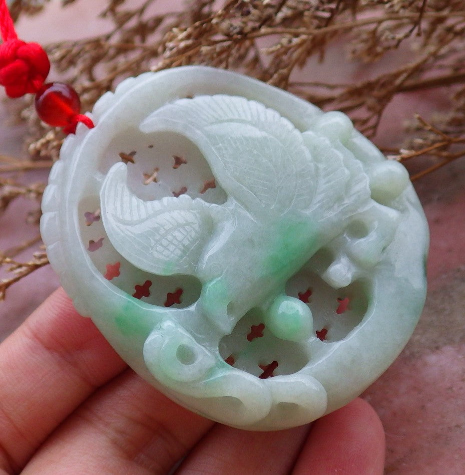 Certified Hand Carved Green 100% Natural Myanmar Burma A Jade Jadeite Eagle Ruyi Pendant Necklace