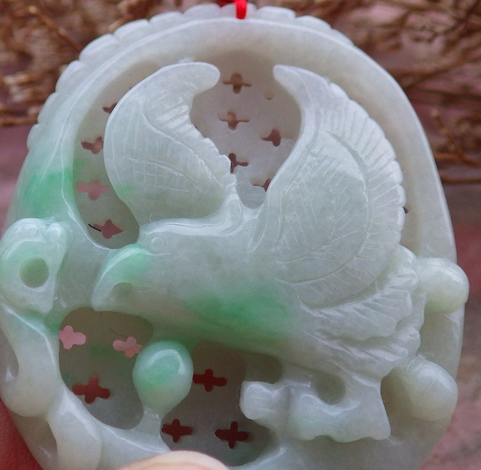 Certified Hand Carved Green 100% Natural Myanmar Burma A Jade Jadeite Eagle Ruyi Pendant Necklace