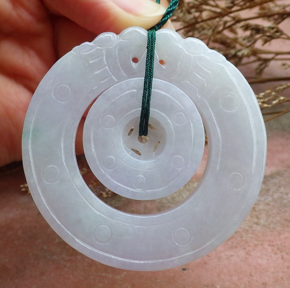 Certified Hand Carved Pale Lavender Green 100% Natural Myanmar Burma A Jade Jadeite Dragon Circle Donut Pendant Necklace