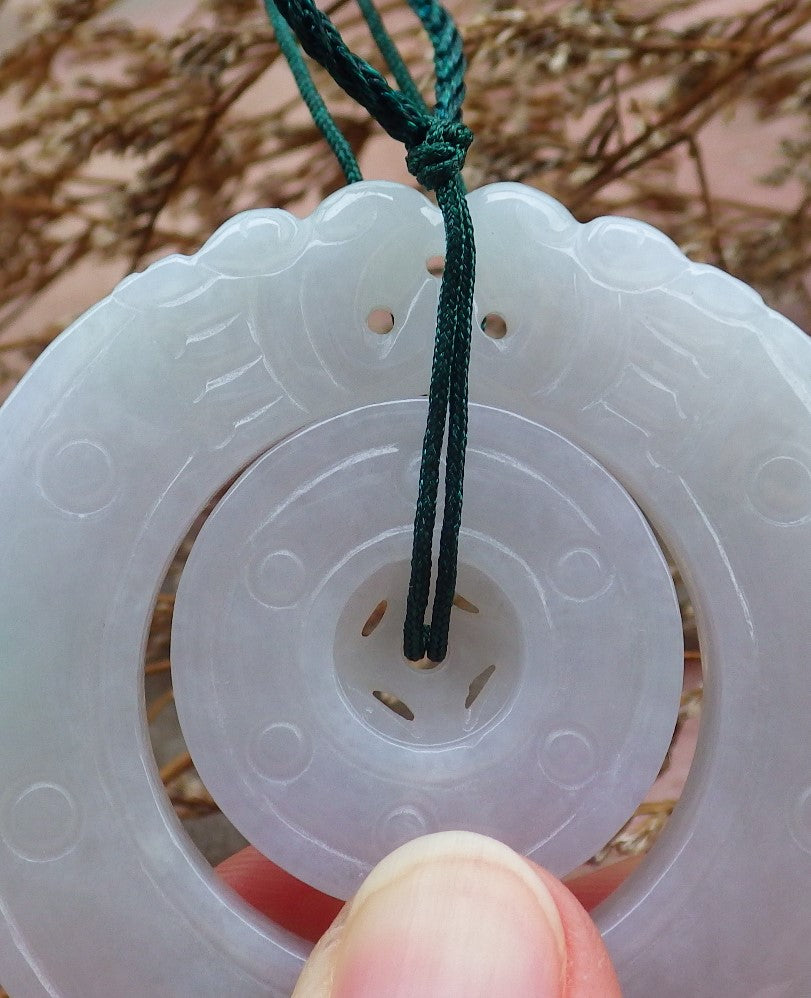 Certified Hand Carved Pale Lavender Green 100% Natural Myanmar Burma A Jade Jadeite Dragon Circle Donut Pendant Necklace