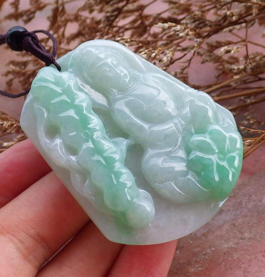 Certified Hand Carved Green 100% Natural Myanmar Burma A Jade Jadeite Guanyin Kwan yin Fish Pendant Necklace