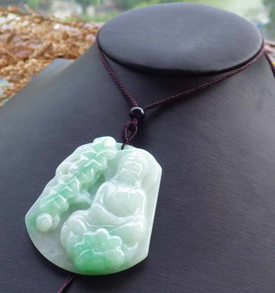 Certified Hand Carved Green 100% Natural Myanmar Burma A Jade Jadeite Guanyin Kwan yin Fish Pendant Necklace