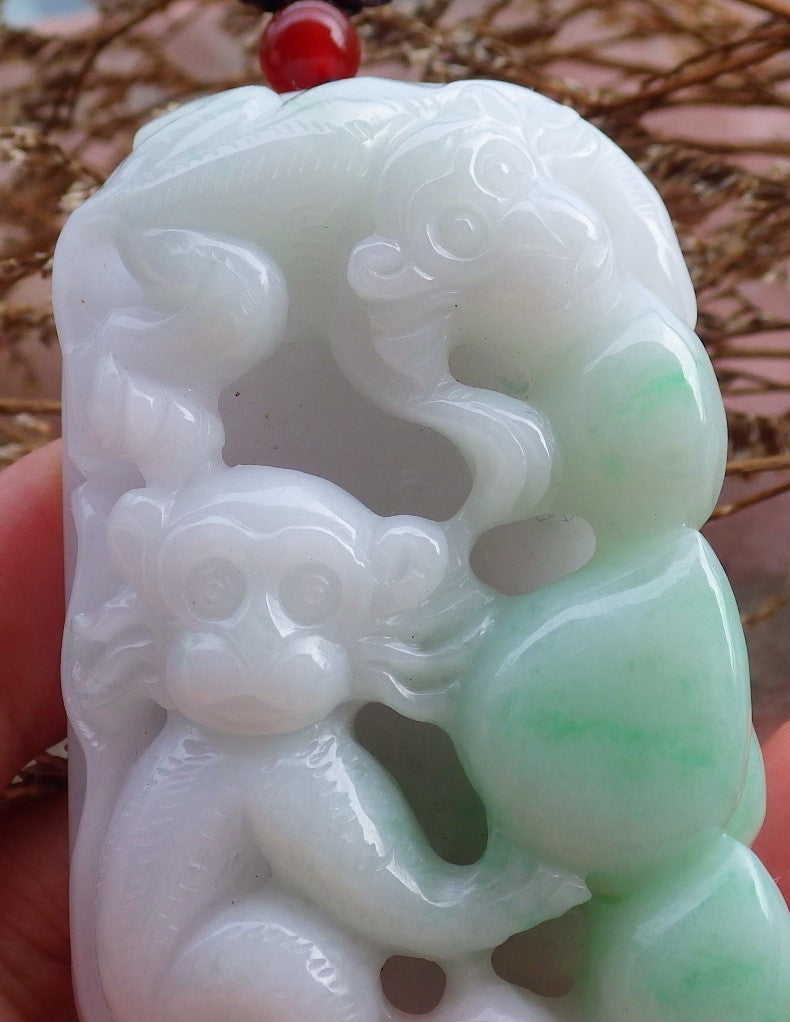 Certified Hand Carved Light Lavender & Light Green 100% Natural Myanmar Burma A Jade Jadeite Monkey Tree Squirrel Pendant Necklace