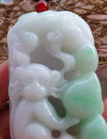 Certified Hand Carved Light Lavender & Light Green 100% Natural Myanmar Burma A Jade Jadeite Monkey Tree Squirrel Pendant Necklace