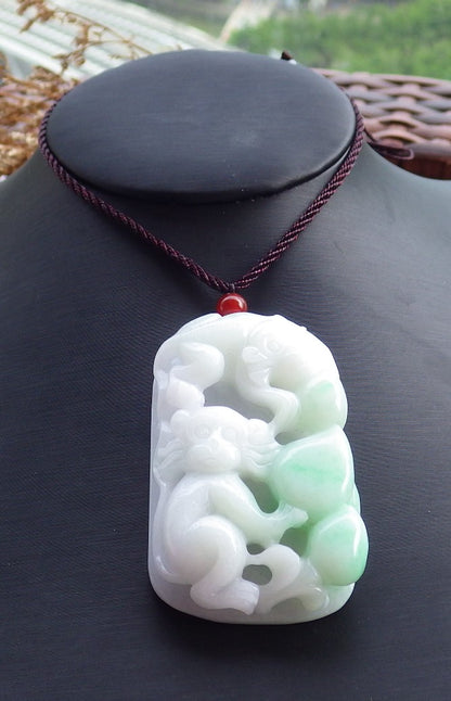 Certified Hand Carved Light Lavender & Light Green 100% Natural Myanmar Burma A Jade Jadeite Monkey Tree Squirrel Pendant Necklace