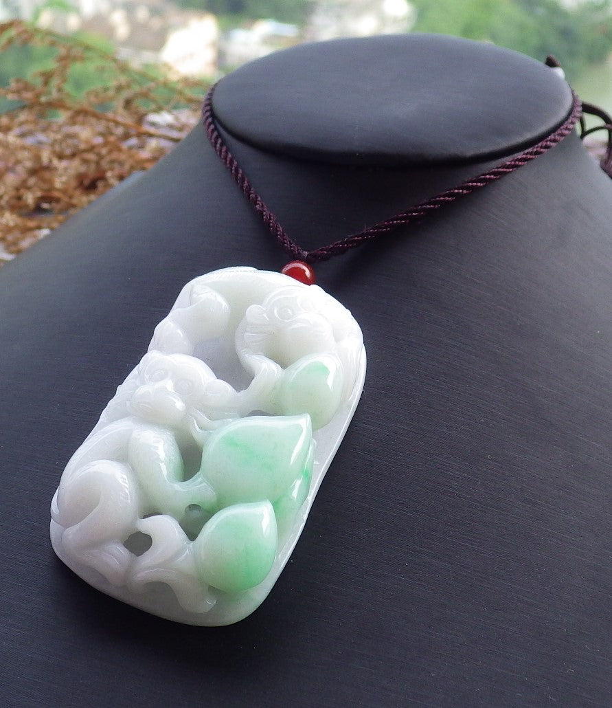 Certified Hand Carved Light Lavender & Light Green 100% Natural Myanmar Burma A Jade Jadeite Monkey Tree Squirrel Pendant Necklace