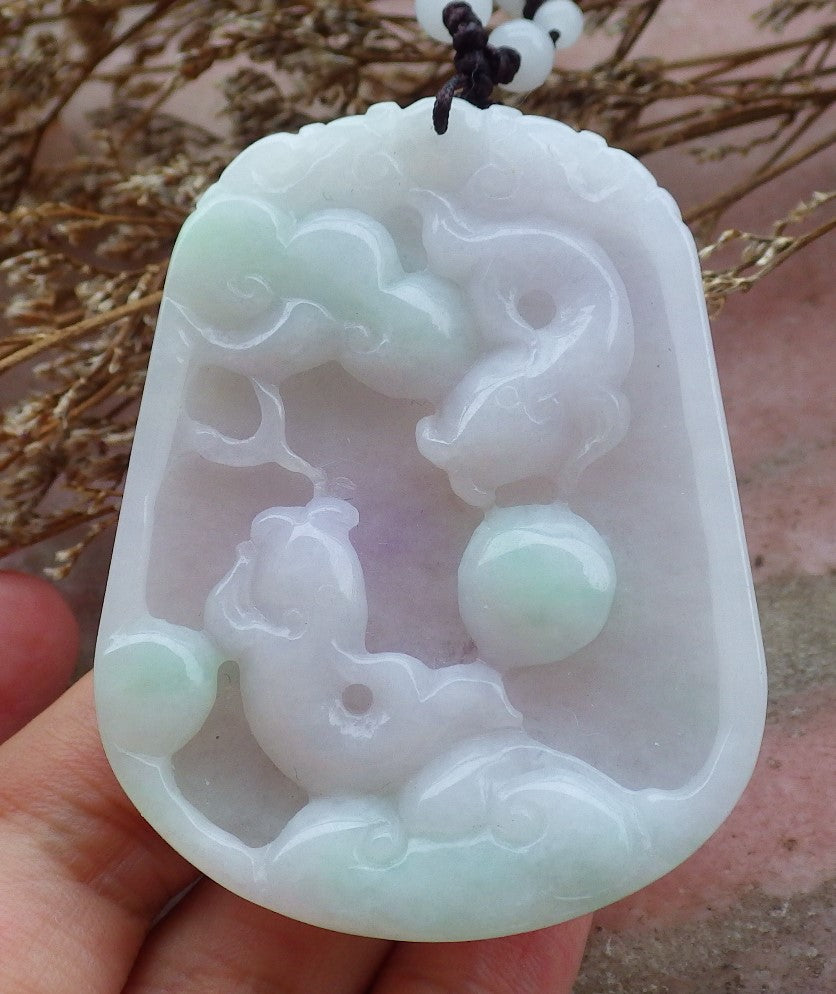 Certified Hand Carved Pale Lavender Green 100% Natural Myanmar Burma A Jade Jadeite Fish Pendant Necklace