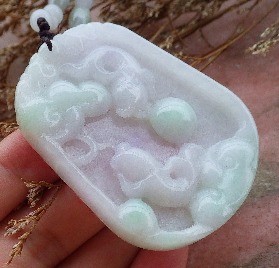 Certified Hand Carved Pale Lavender Green 100% Natural Myanmar Burma A Jade Jadeite Fish Pendant Necklace