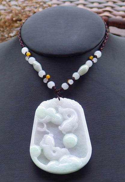 Certified Hand Carved Pale Lavender Green 100% Natural Myanmar Burma A Jade Jadeite Fish Pendant Necklace