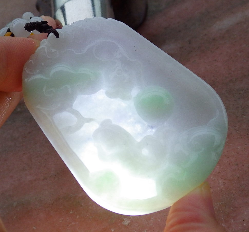 Certified Hand Carved Pale Lavender Green 100% Natural Myanmar Burma A Jade Jadeite Fish Pendant Necklace