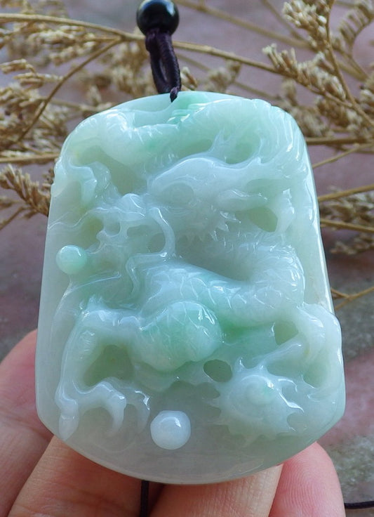 Certified Hand Carved Green 100% Natural Myanmar Burma A Jade Jadeite Dragon Spit Bead Pendant Necklace