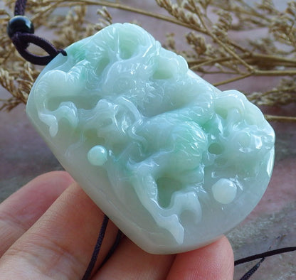 Certified Hand Carved Green 100% Natural Myanmar Burma A Jade Jadeite Dragon Spit Bead Pendant Necklace