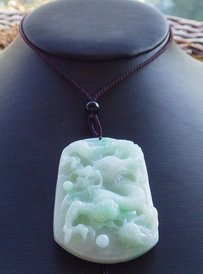 Certified Hand Carved Green 100% Natural Myanmar Burma A Jade Jadeite Dragon Spit Bead Pendant Necklace