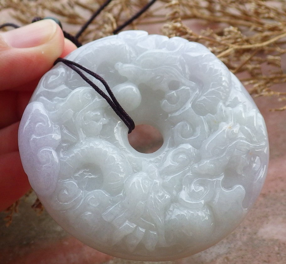 Certified Hand Carved Lavender Green Natural Myanmar Burma A Jade Jadeite 9 Dragon Spit Bead Pendant Necklace