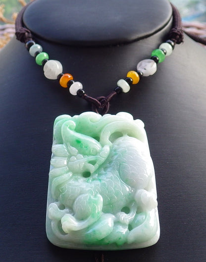 Certified Hand Carved Pale Lavender Green Natural Myanmar Burma A Jade Jadeite Dragon Pi Xiu Coin Pendant Necklace