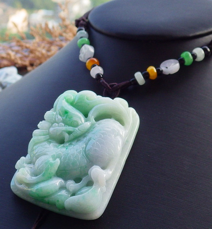 Certified Hand Carved Pale Lavender Green Natural Myanmar Burma A Jade Jadeite Dragon Pi Xiu Coin Pendant Necklace