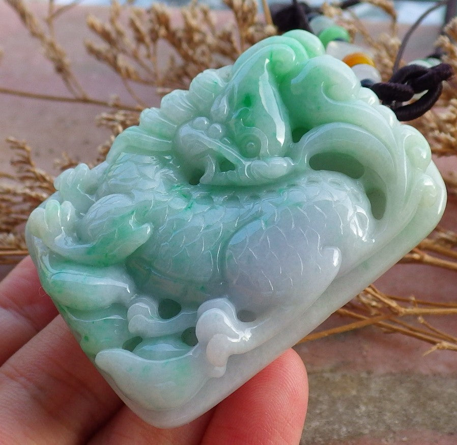 Certified Hand Carved Pale Lavender Green Natural Myanmar Burma A Jade Jadeite Dragon Pi Xiu Coin Pendant Necklace