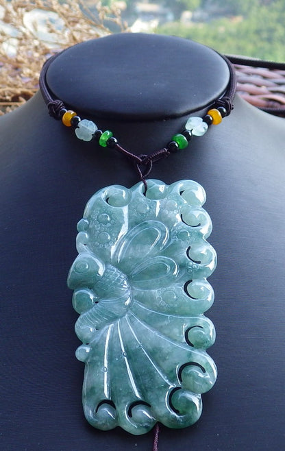 Certified Hand Carved Green Natural Myanmar Burma A Jade Jadeite Butterfly Pendant Necklace