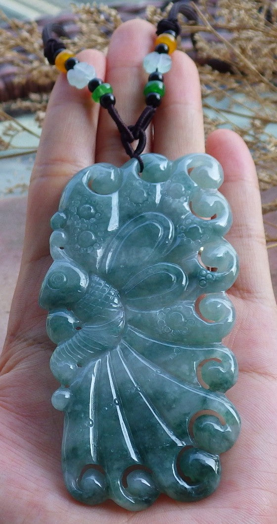 Certified Hand Carved Green Natural Myanmar Burma A Jade Jadeite Butterfly Pendant Necklace