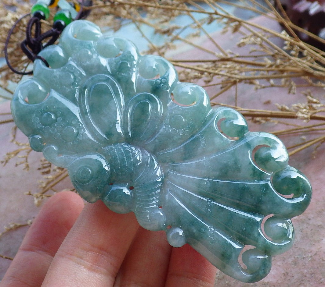 Certified Hand Carved Green Natural Myanmar Burma A Jade Jadeite Butterfly Pendant Necklace