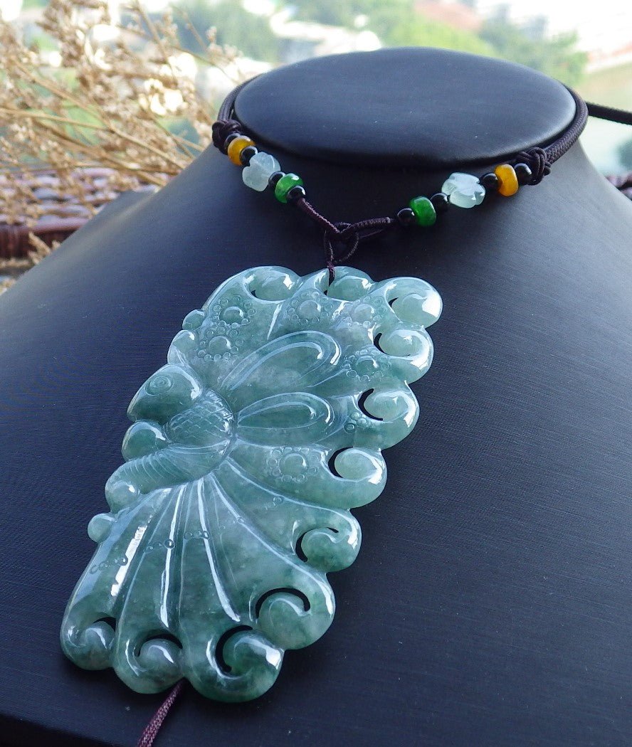 Certified Hand Carved Green Natural Myanmar Burma A Jade Jadeite Butterfly Pendant Necklace