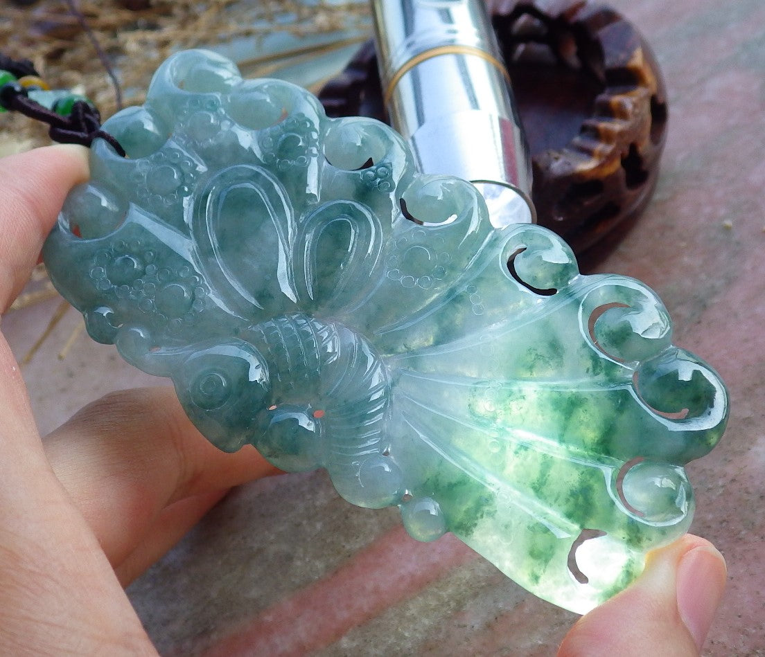 Certified Hand Carved Green Natural Myanmar Burma A Jade Jadeite Butterfly Pendant Necklace