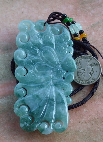 Certified Hand Carved Green Natural Myanmar Burma A Jade Jadeite Butterfly Pendant Necklace