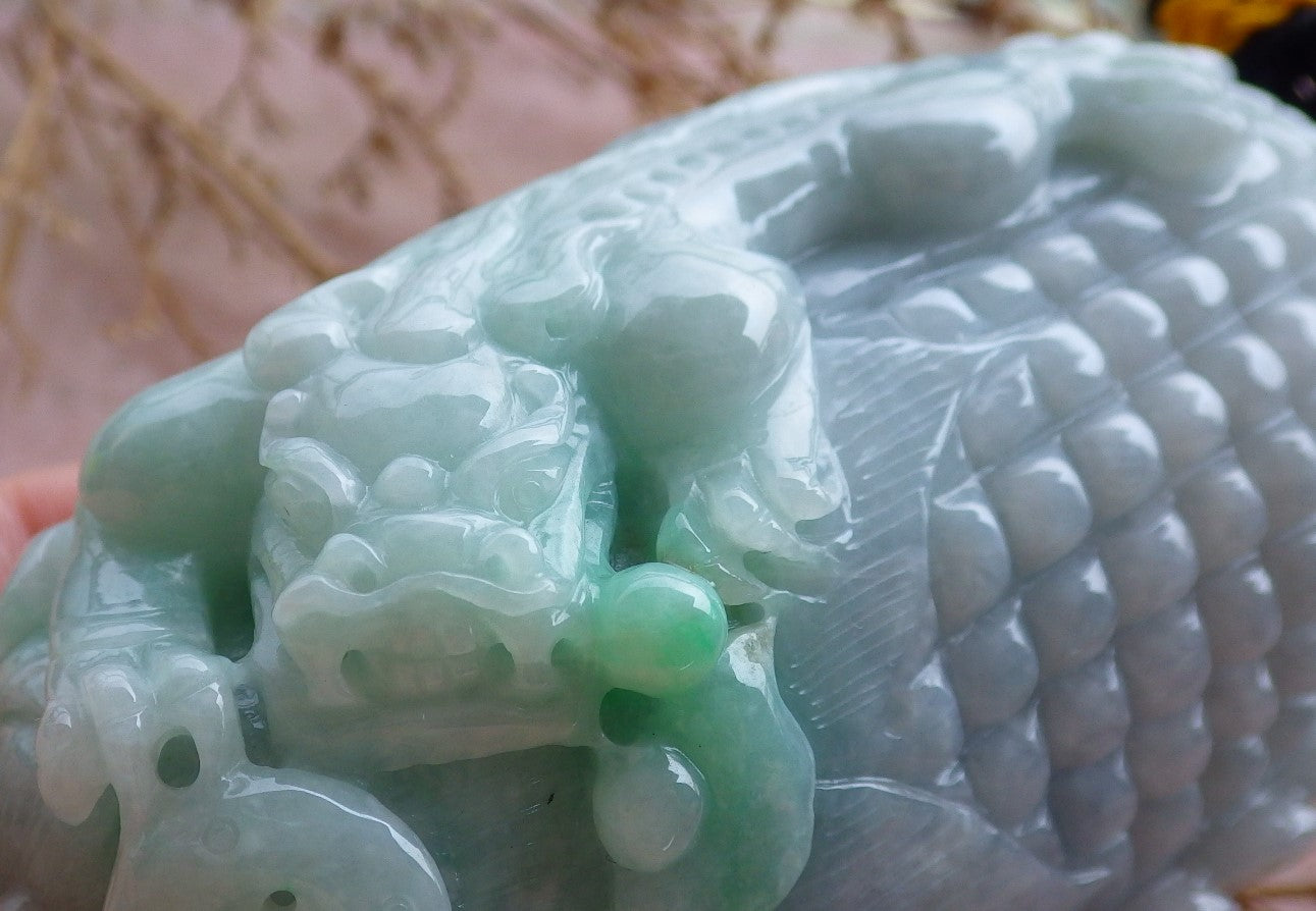 Certified Big Hand Carved Lavender Green 100% Myanmar Burma Grade A Jade jadeite Dragon Pi Xiu Coin Ruyi Lucky Amulet Hand Player