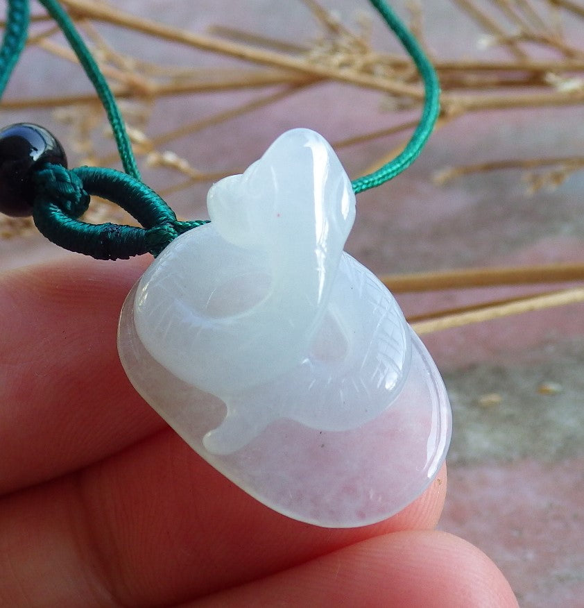 Certified Small Hand Carved Natural Myanmar Burma A Ice White Jade jadeite Zodiac Snake Pendant Necklace