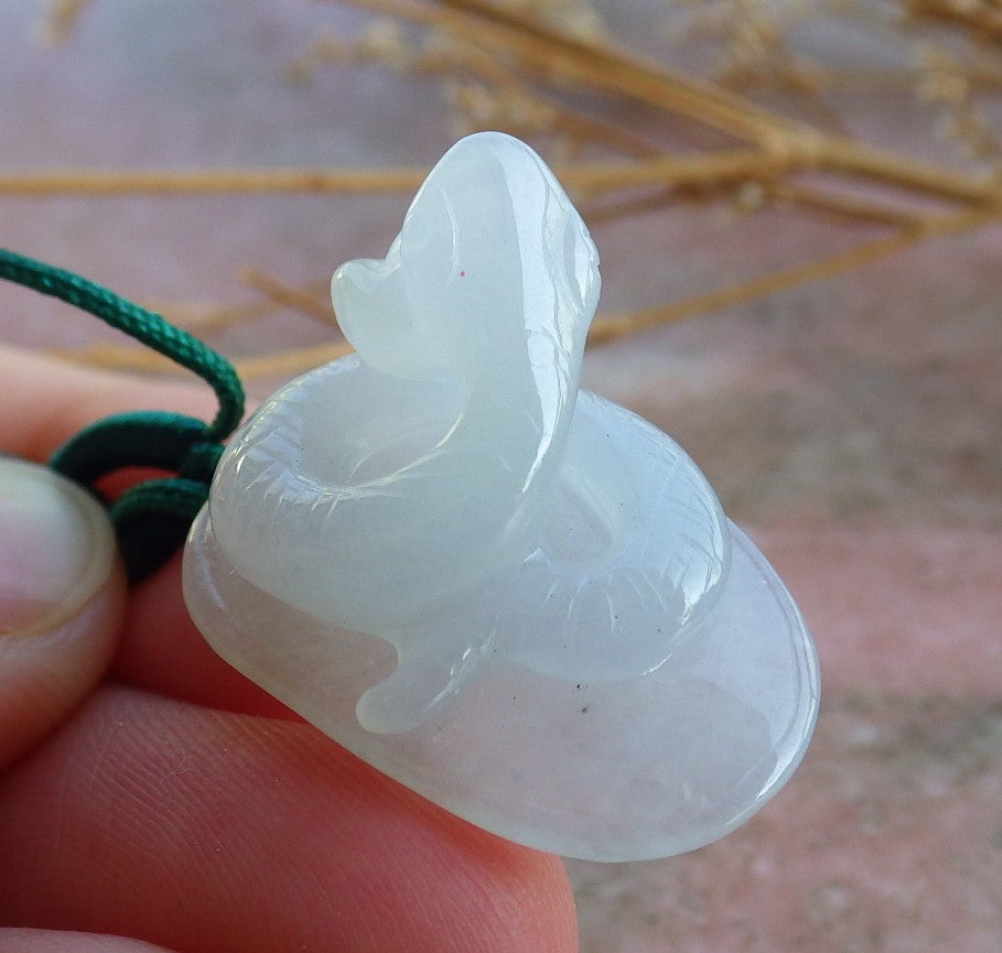 Certified Small Hand Carved Natural Myanmar Burma A Ice White Jade jadeite Zodiac Snake Pendant Necklace