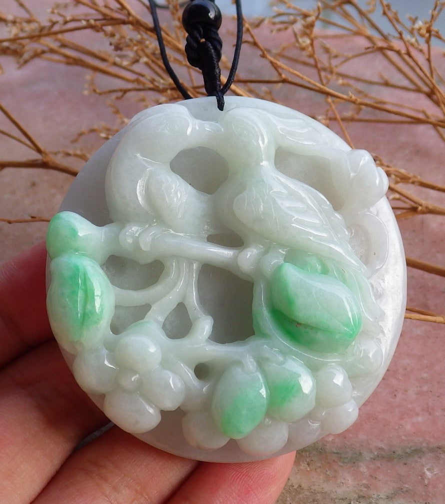 Certified Hand Carved Green Natural Myanmar Burma A Jade Jadeite Bird Flower Pendant Necklace