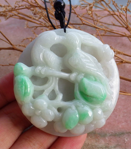 Certified Hand Carved Green Natural Myanmar Burma A Jade Jadeite Bird Flower Pendant Necklace