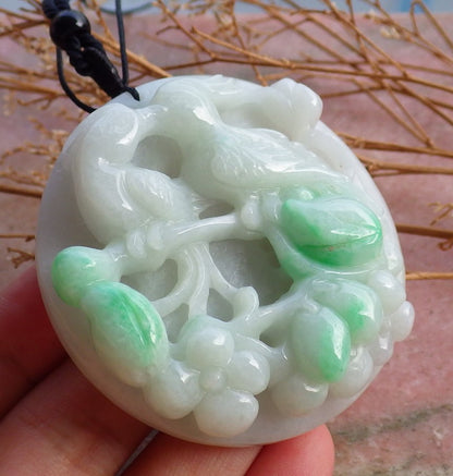 Certified Hand Carved Green Natural Myanmar Burma A Jade Jadeite Bird Flower Pendant Necklace