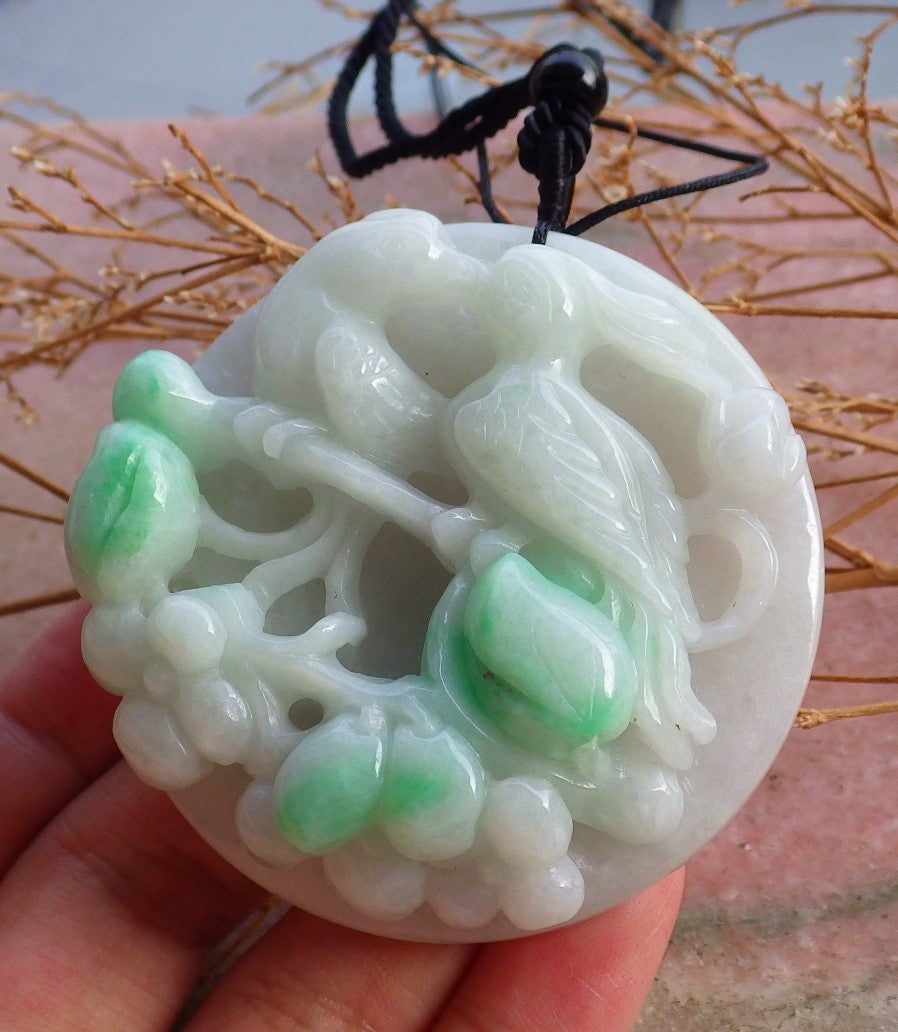 Certified Hand Carved Green Natural Myanmar Burma A Jade Jadeite Bird Flower Pendant Necklace