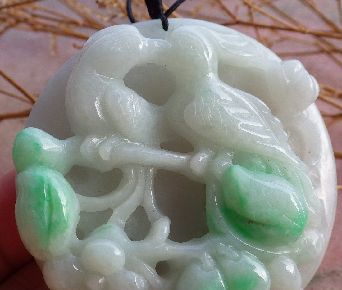 Certified Hand Carved Green Natural Myanmar Burma A Jade Jadeite Bird Flower Pendant Necklace