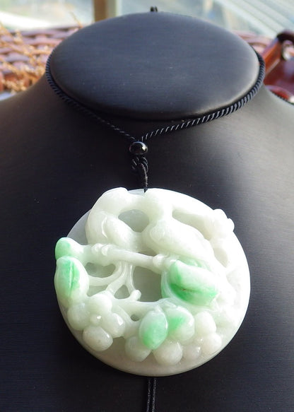 Certified Hand Carved Green Natural Myanmar Burma A Jade Jadeite Bird Flower Pendant Necklace