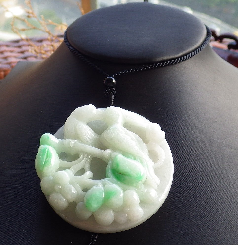 Certified Hand Carved Green Natural Myanmar Burma A Jade Jadeite Bird Flower Pendant Necklace