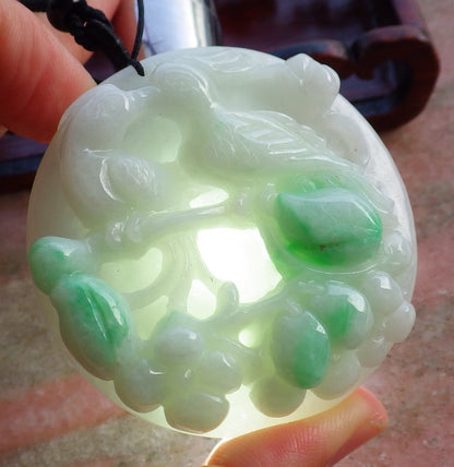 Certified Hand Carved Green Natural Myanmar Burma A Jade Jadeite Bird Flower Pendant Necklace