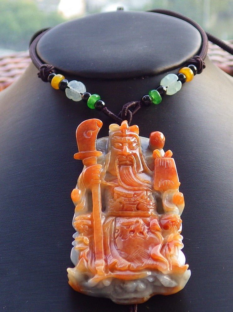 Certified Hand Carved Brown Red 100% Natural Myanmar Burma A Jade Jadeite Guan Gong God Pendant Necklace