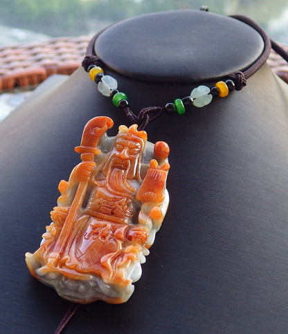 Certified Hand Carved Brown Red 100% Natural Myanmar Burma A Jade Jadeite Guan Gong God Pendant Necklace