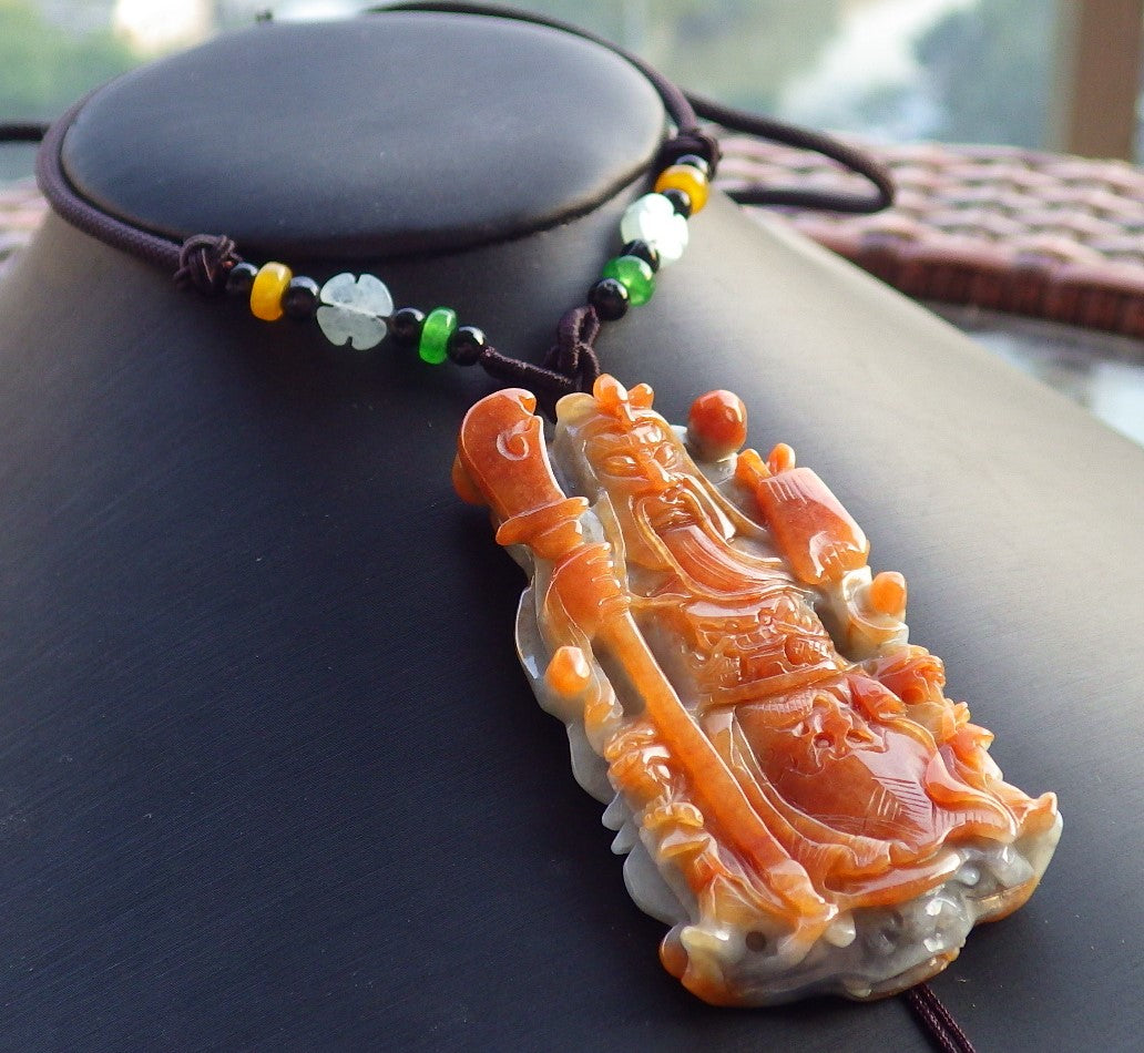 Certified Hand Carved Brown Red 100% Natural Myanmar Burma A Jade Jadeite Guan Gong God Pendant Necklace