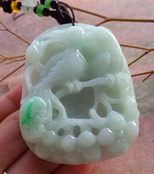 Certified Hand Carved Green Natural Myanmar Burma A Jade Jadeite Bird Flower Pendant Necklace