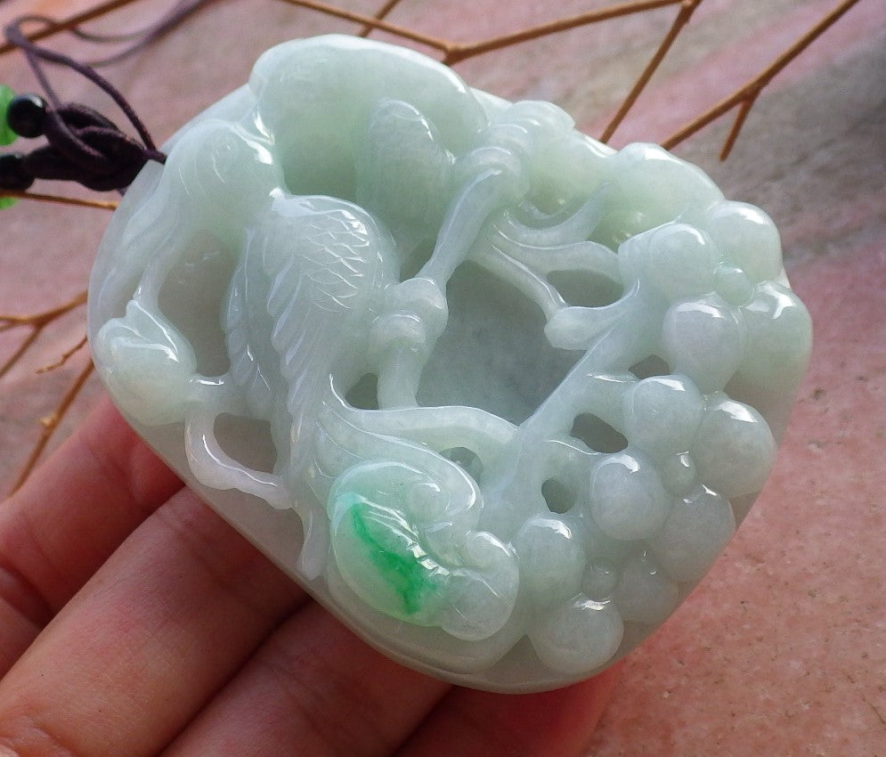 Certified Hand Carved Green Natural Myanmar Burma A Jade Jadeite Bird Flower Pendant Necklace