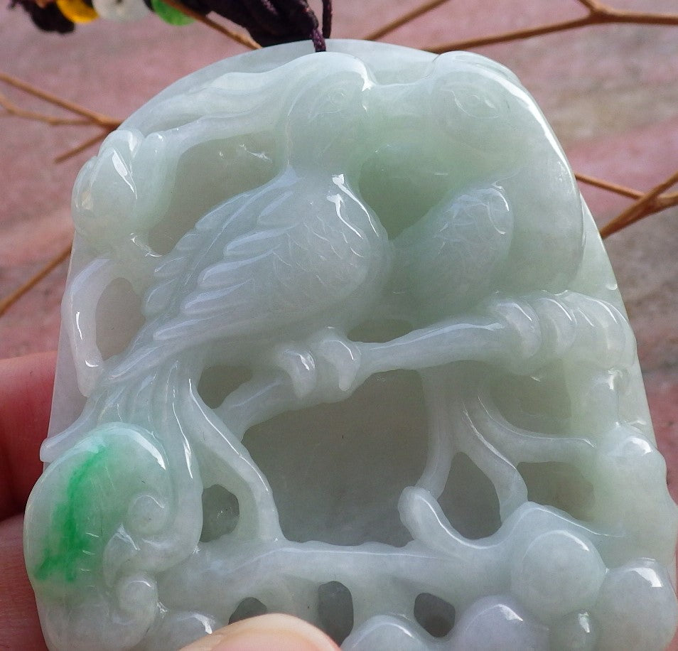 Certified Hand Carved Green Natural Myanmar Burma A Jade Jadeite Bird Flower Pendant Necklace