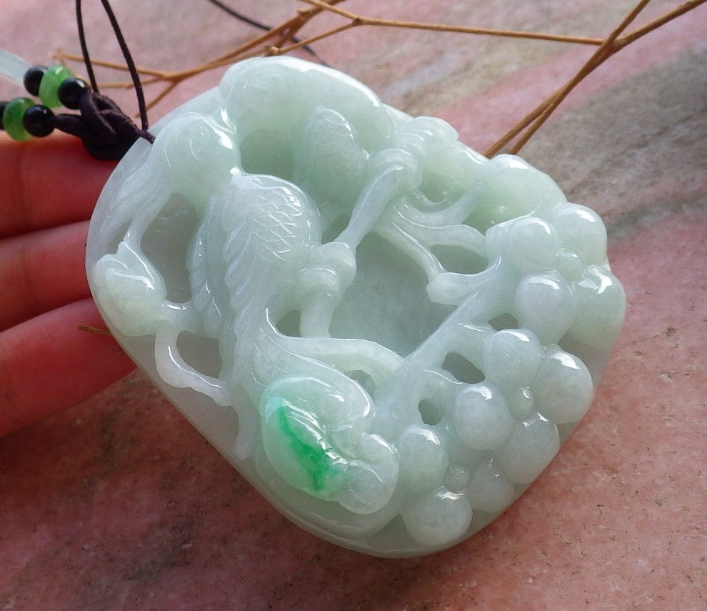 Certified Hand Carved Green Natural Myanmar Burma A Jade Jadeite Bird Flower Pendant Necklace