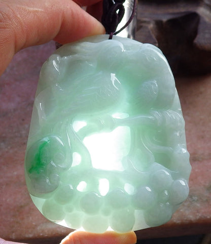 Certified Hand Carved Green Natural Myanmar Burma A Jade Jadeite Bird Flower Pendant Necklace