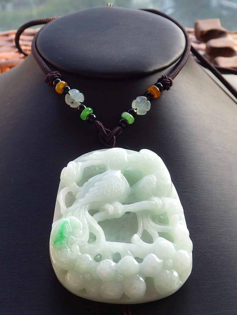 Certified Hand Carved Green Natural Myanmar Burma A Jade Jadeite Bird Flower Pendant Necklace