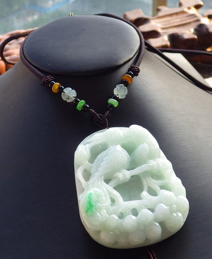 Certified Hand Carved Green Natural Myanmar Burma A Jade Jadeite Bird Flower Pendant Necklace