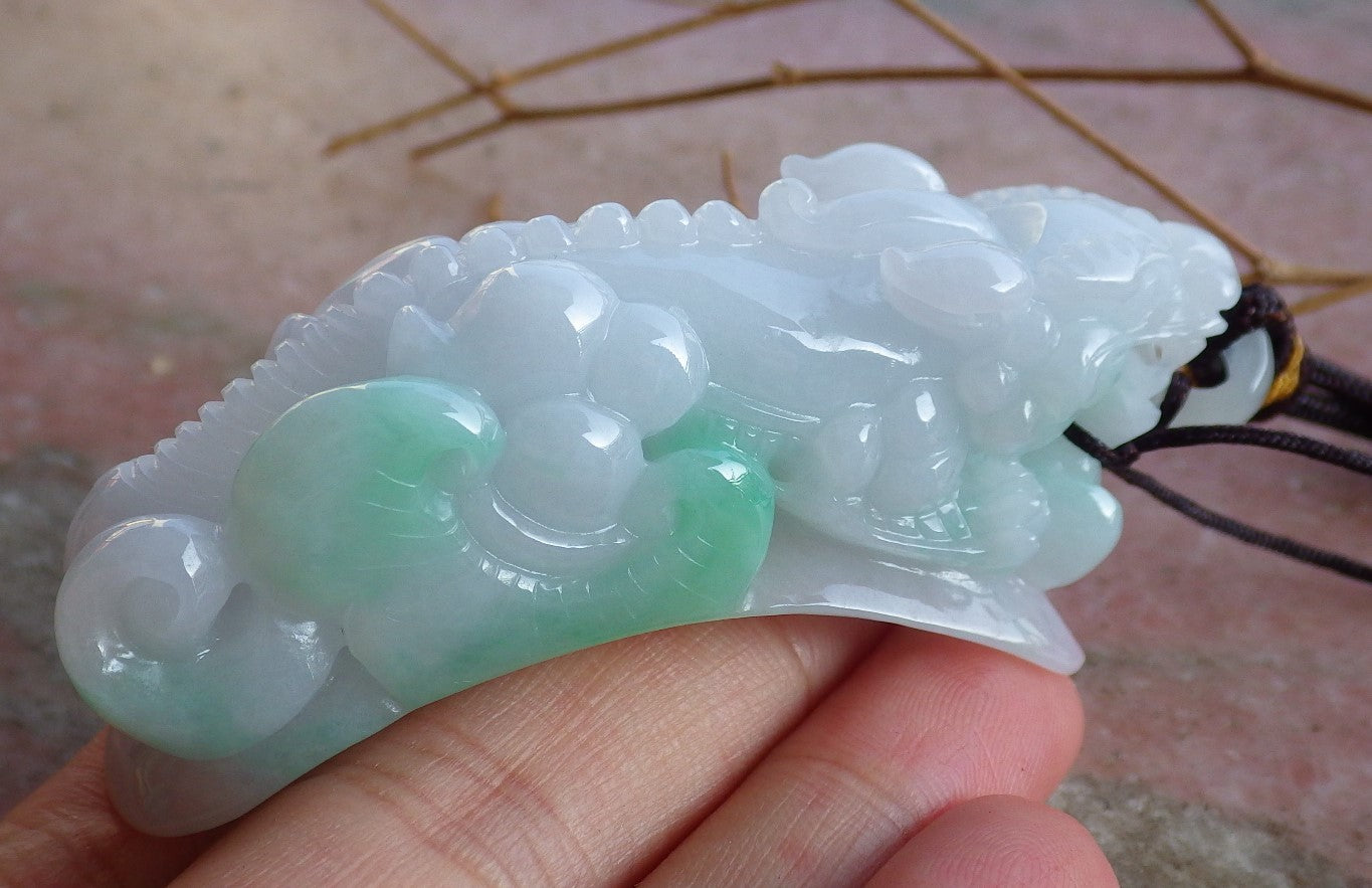 Certified Hand Carved Green Natural Myanmar Burma A Jade Jadeite Dragon Pi Xiu Ruyi Yuan bao Pendant Necklace