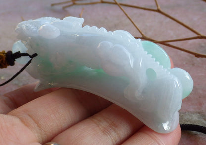 Certified Hand Carved Green Natural Myanmar Burma A Jade Jadeite Dragon Pi Xiu Ruyi Yuan bao Pendant Necklace